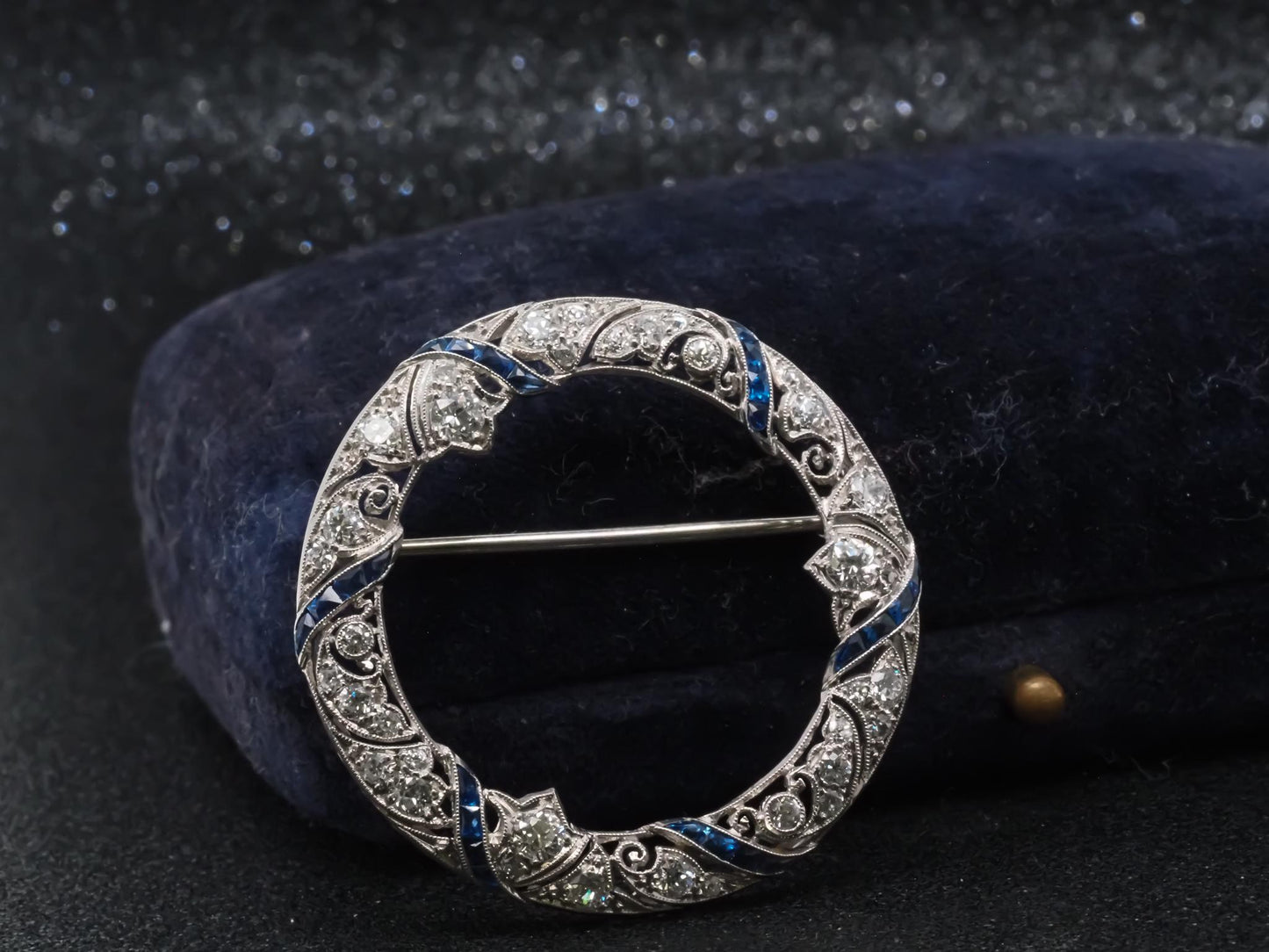 Estate Art Deco Platinum Circle Brooch with Sapphires and Diamonds - VHK#824b