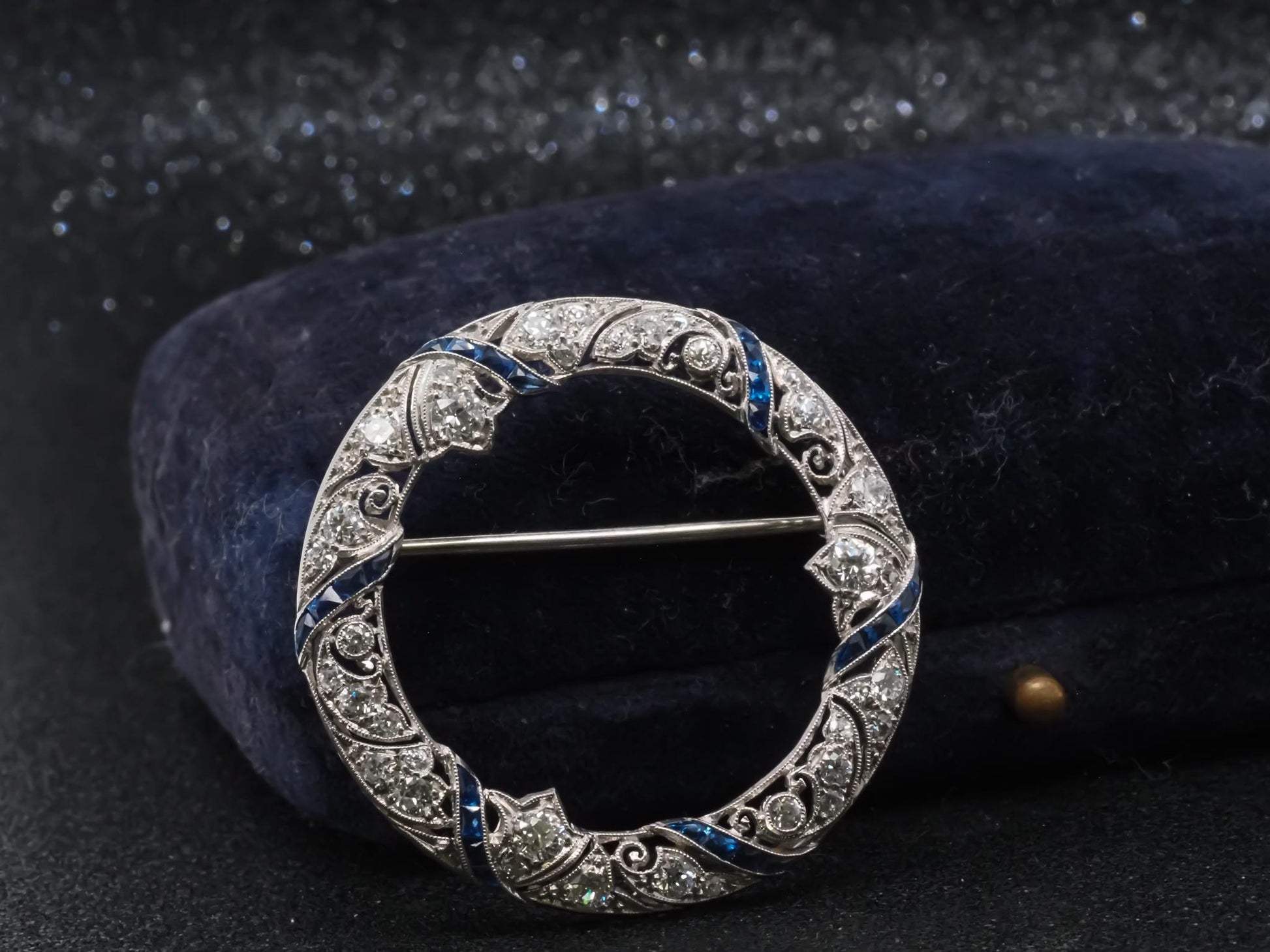 Estate Art Deco Platinum Circle Brooch with Sapphires and Diamonds - VHK#824b