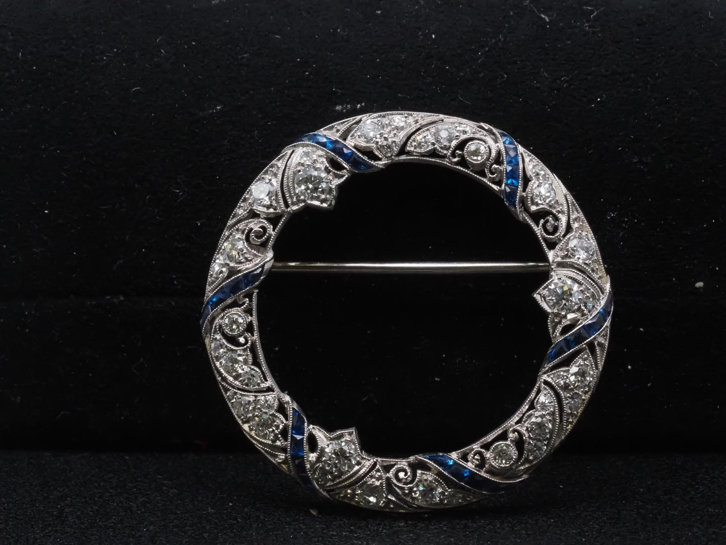 Estate Art Deco Platinum Circle Brooch with Sapphires and Diamonds - VHK#824b
