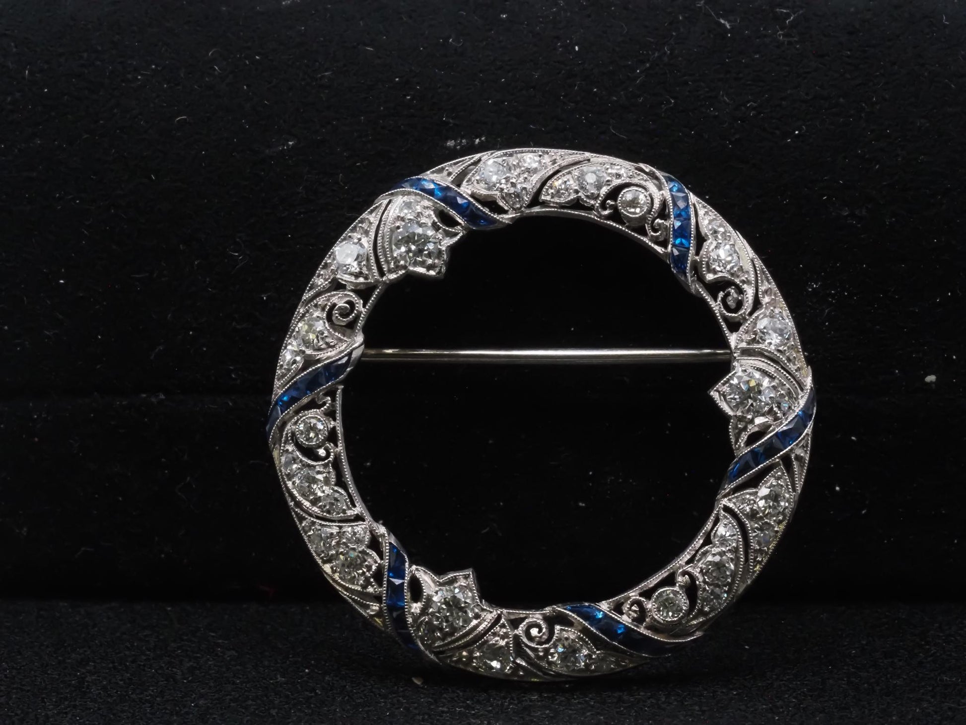 Estate Art Deco Platinum Circle Brooch with Sapphires and Diamonds - VHK#824b