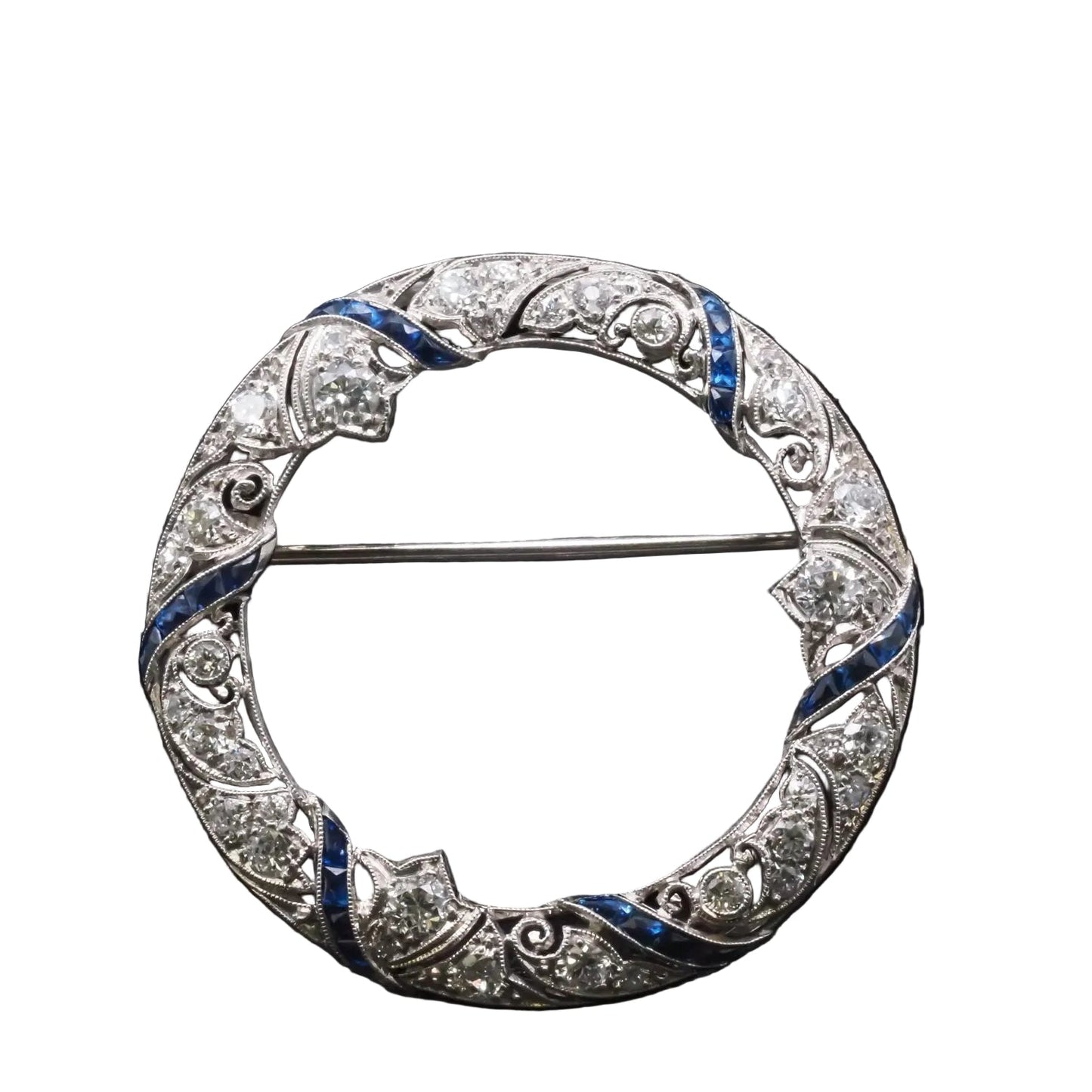 Estate Art Deco Platinum Circle Brooch with Sapphires and Diamonds - VHK#824b