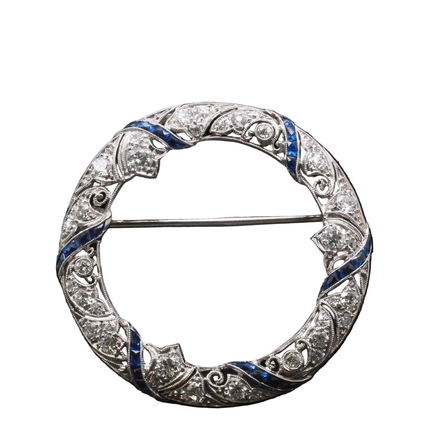 Estate Art Deco Platinum Circle Brooch with Sapphires and Diamonds - VHK#824b