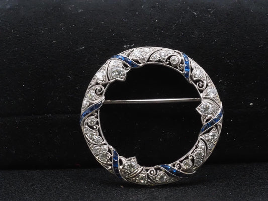 Estate Art Deco Platinum Circle Brooch with Sapphires and Diamonds - VHK#824b