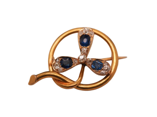 Circa 1900s 14K Yellow Gold Sapphire and Diamond Flower Brooch - VHK#647
