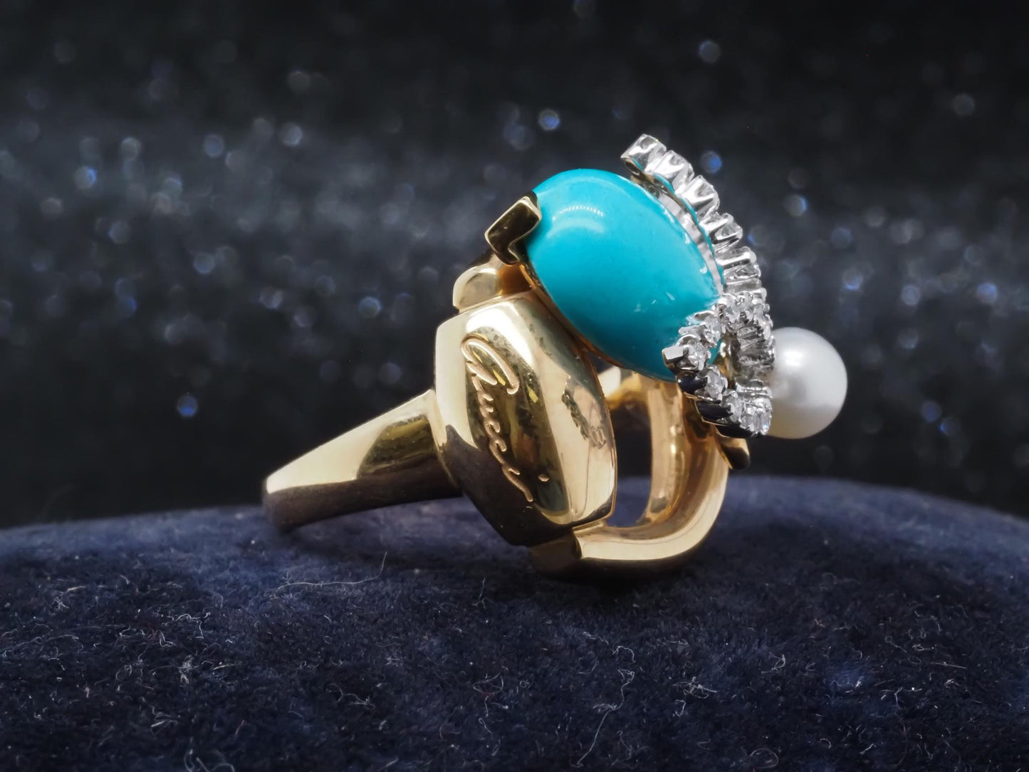 Estate Vintage 18K Gucci Bee Horsebit Turquoise Diamond Ring - VHK#116b