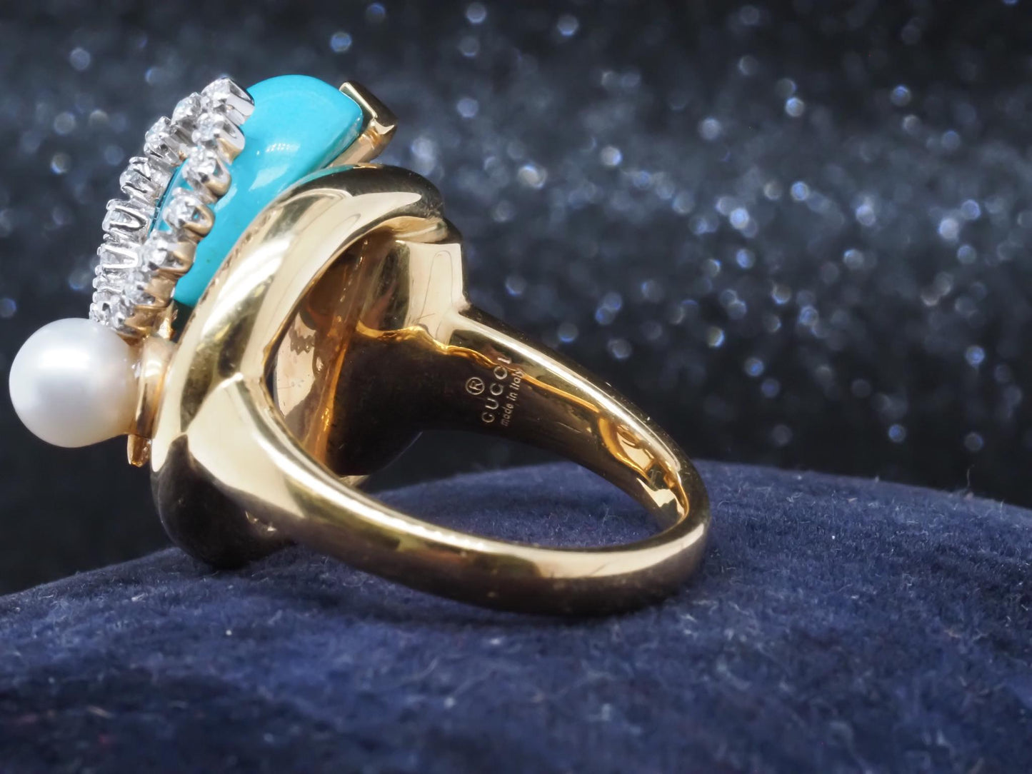 Estate Vintage 18K Gucci Bee Horsebit Turquoise Diamond Ring - VHK#116b