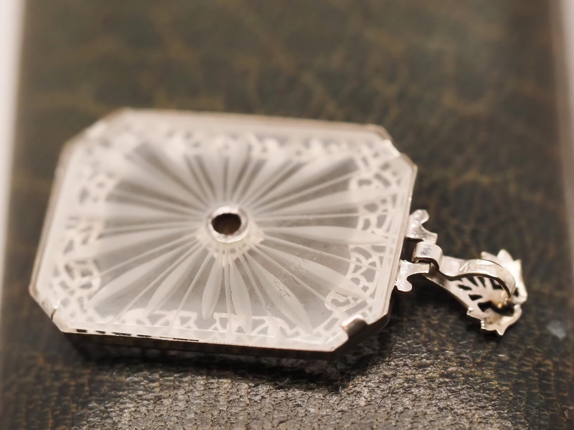 Circa 1930s 14K White Gold Camphor Crystal Diamond Pendant - VHK#660
