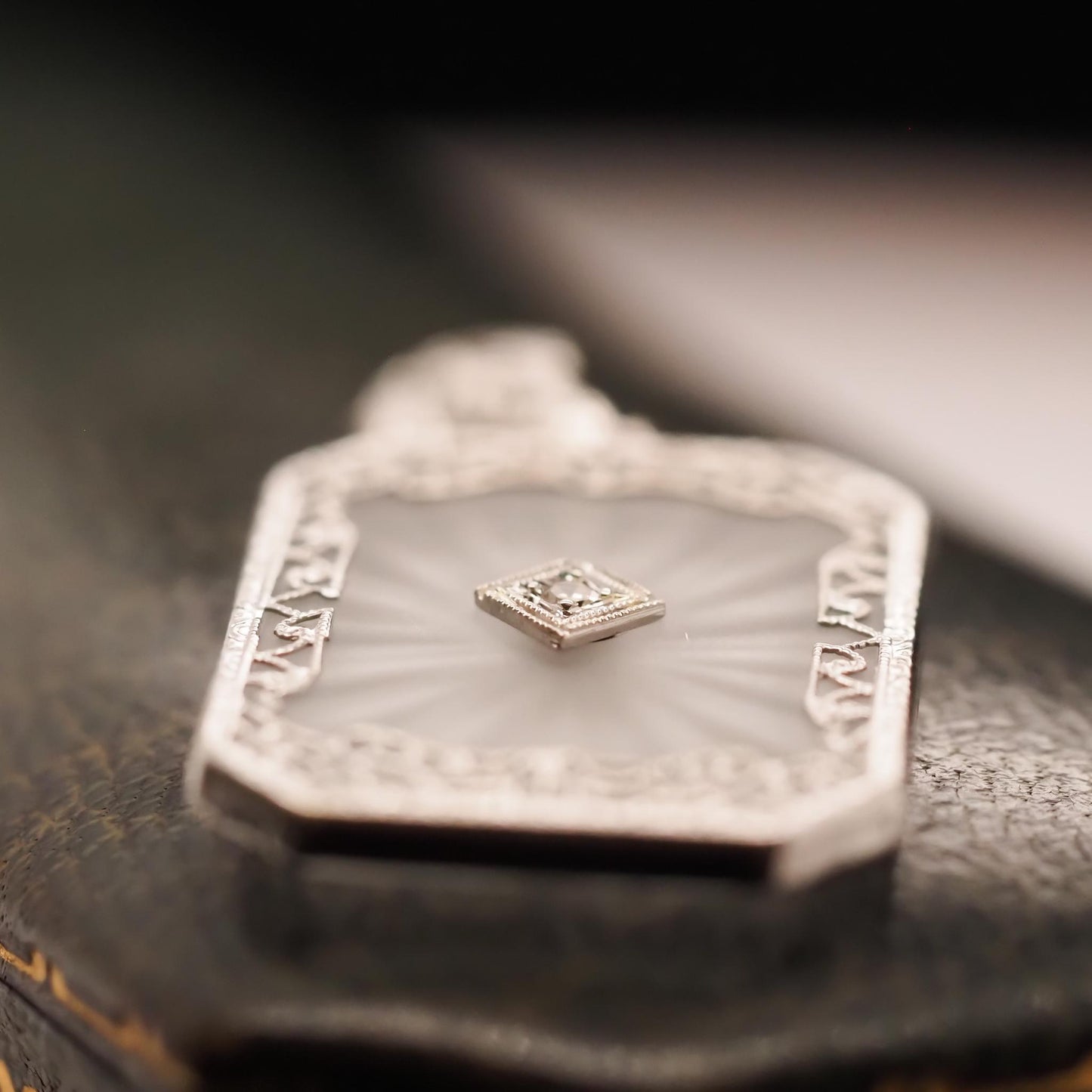 Circa 1930s 14K White Gold Camphor Crystal Diamond Pendant - VHK#660
