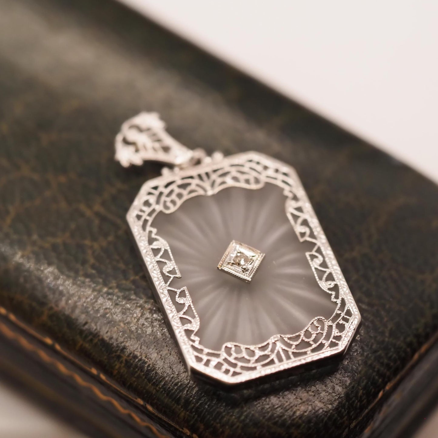 Circa 1930s 14K White Gold Camphor Crystal Diamond Pendant - VHK#660