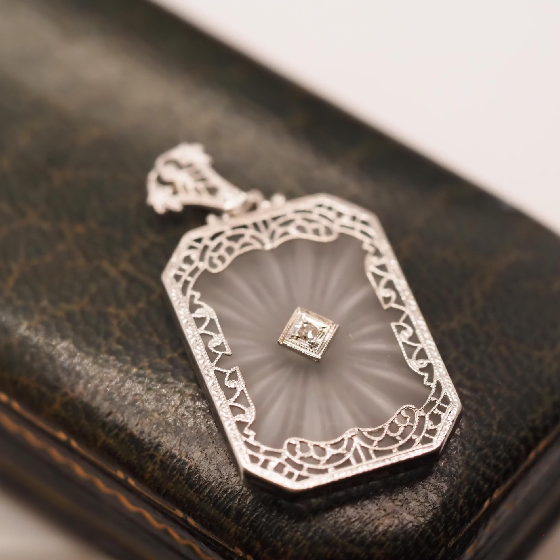Circa 1930s 14K White Gold Camphor Crystal Diamond Pendant - VHK#660