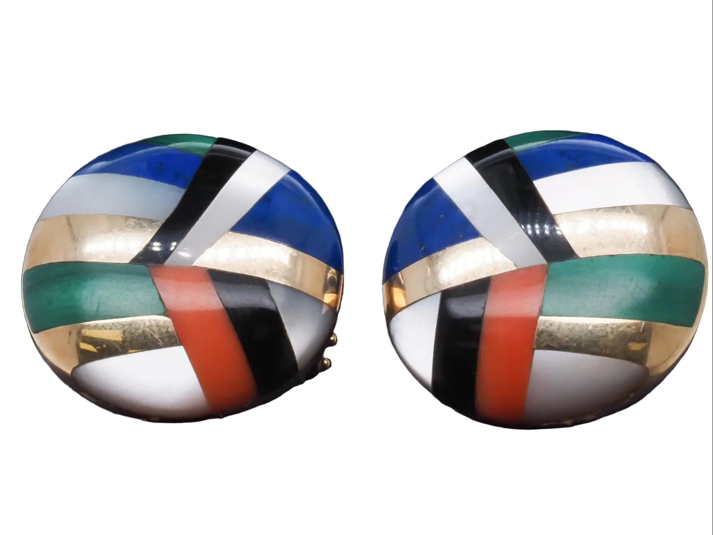 Estate Asch Grossbardt 14K Yellow Gold Multi Stone Inlay Earrings - VHK#377B