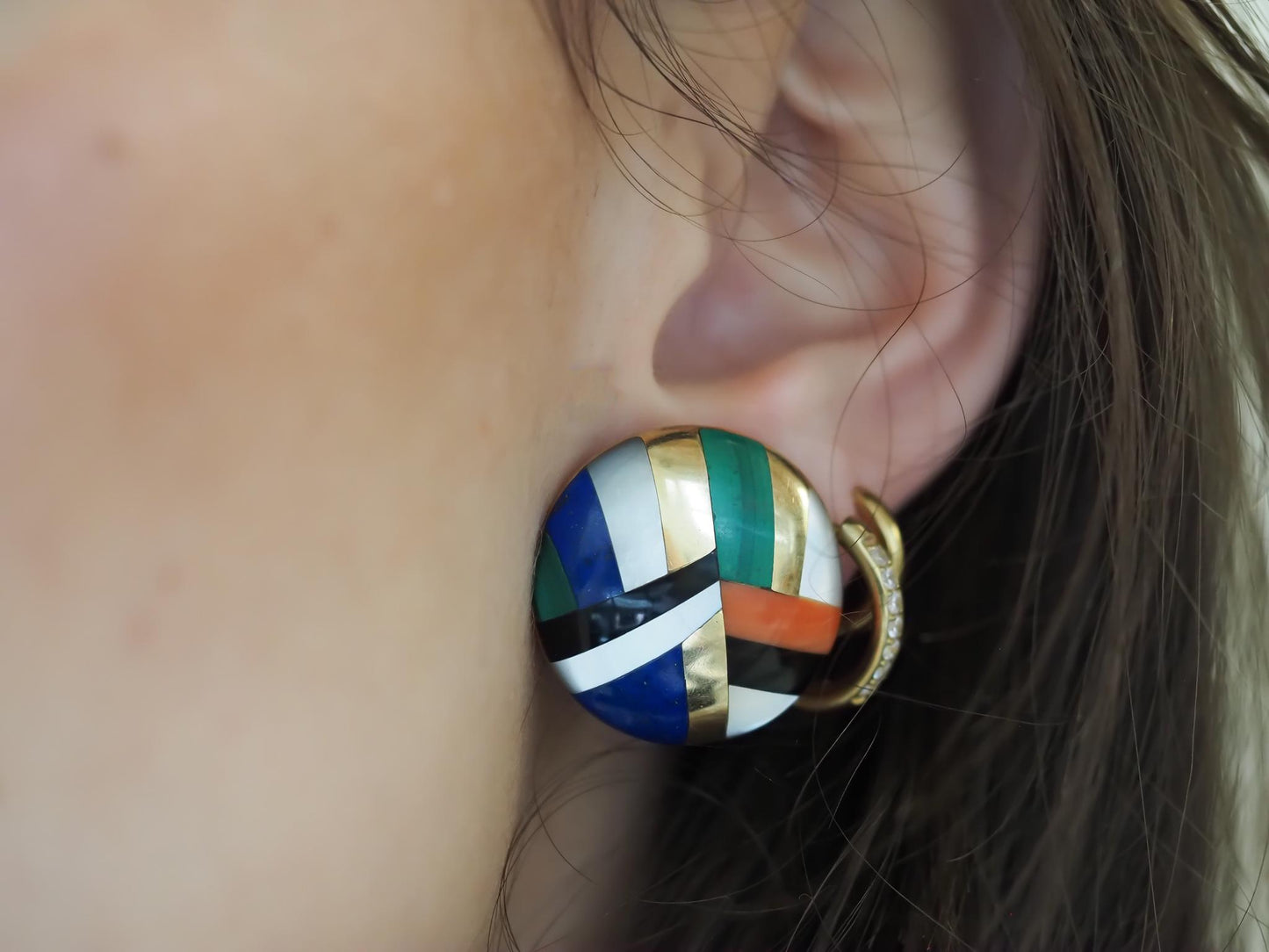 Estate Asch Grossbardt 14K Yellow Gold Multi Stone Inlay Earrings - VHK#377B