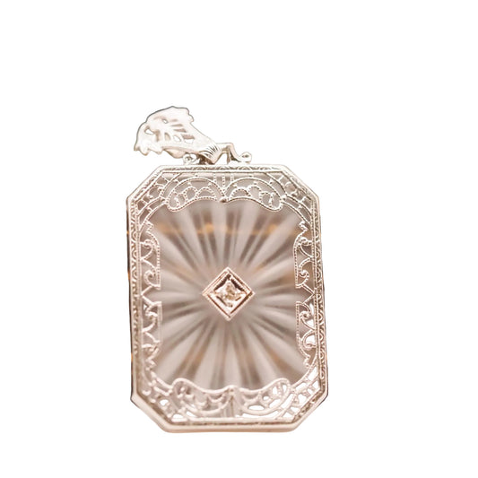 Circa 1930s 14K White Gold Camphor Crystal Diamond Pendant - VHK#660