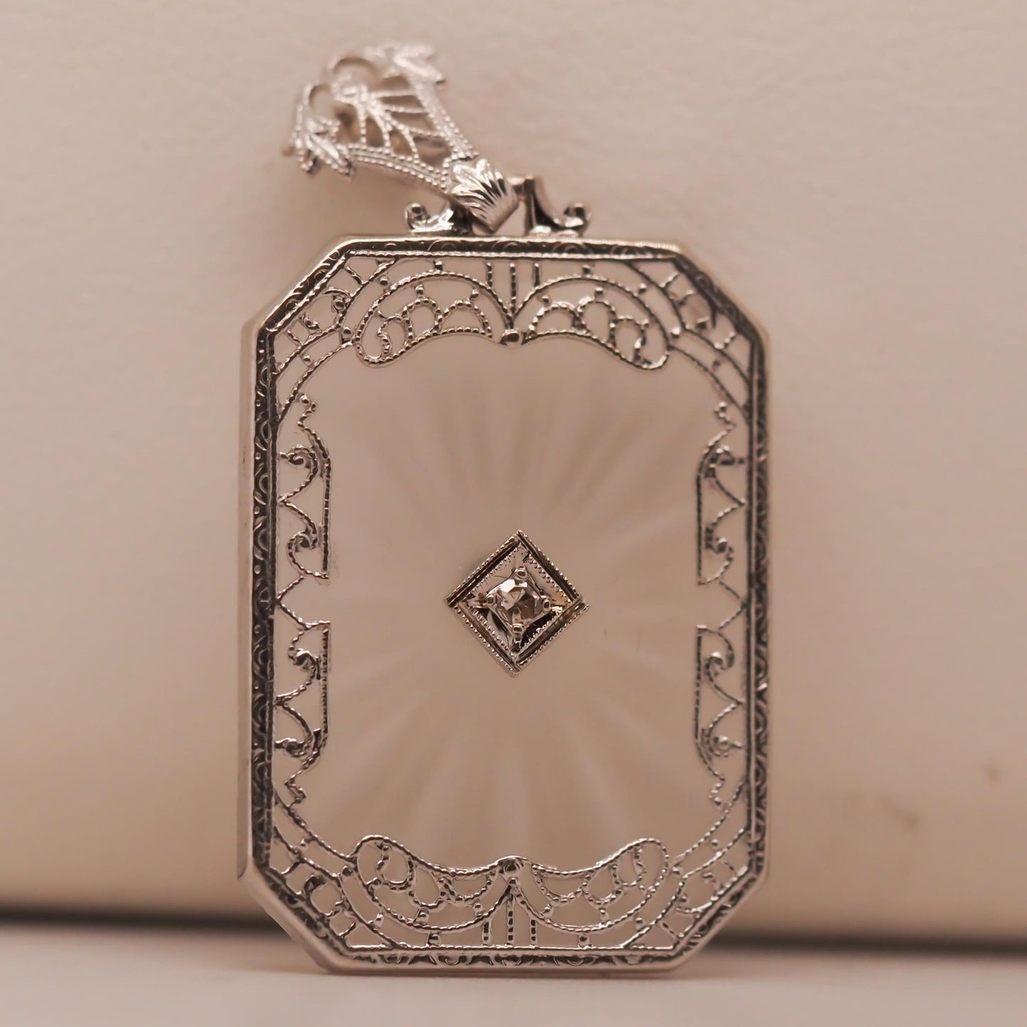 Circa 1930s 14K White Gold Camphor Crystal Diamond Pendant - VHK#660