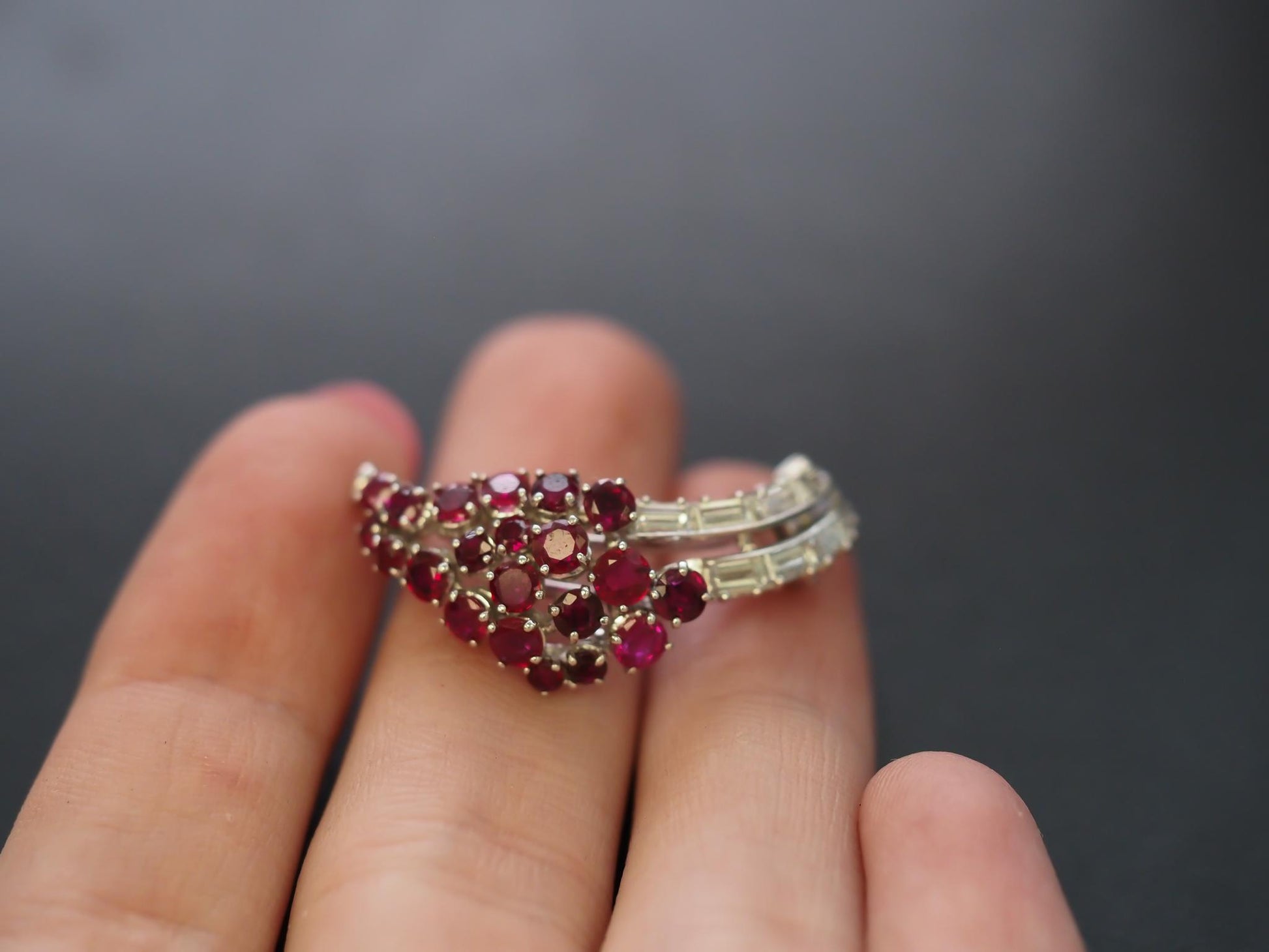 Vintage Art Deco Platinum Ruby & Diamond Brooch Pin - VHK#324a
