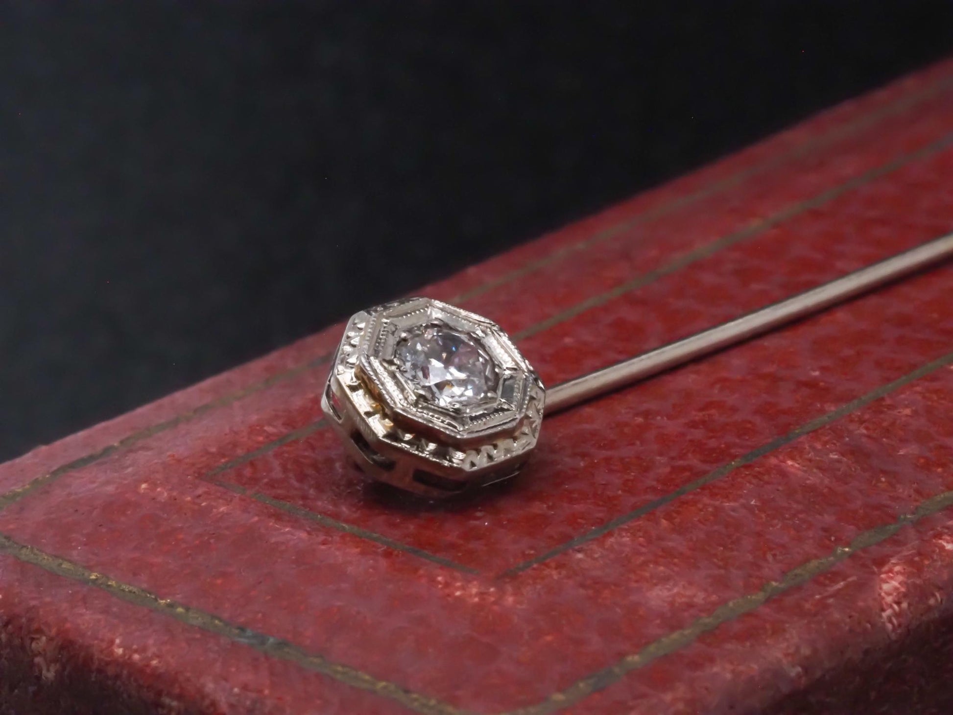 Estate Art Deco 16K White Gold Diamond Stick Pin - VHK#342a