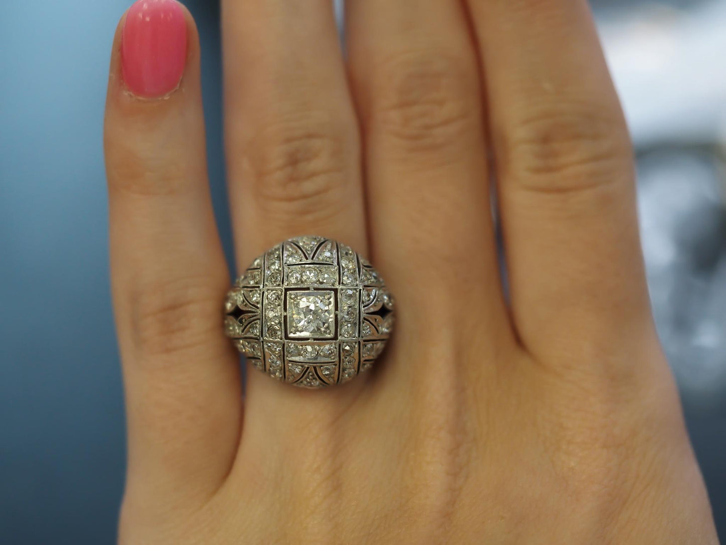 Estate Art Deco Platinum Old European Diamond Bombe Ring - VHK#285A