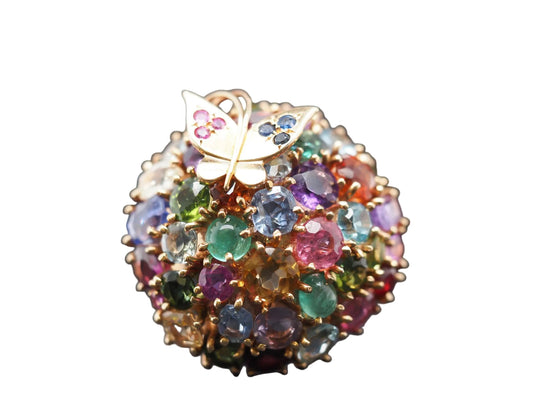 Estate 14K Yellow Gold Vintage Multi Gemstone Brooch with Butterfly - VHK#37d