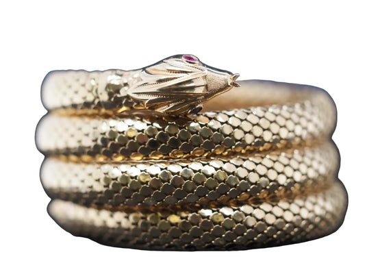 Estate 1960s Vintage 18K Serpent Snake Wrap Around Bangle with Ruby Eyes
