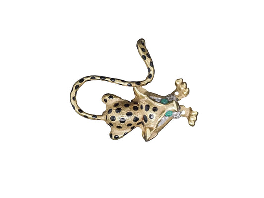 Estate 18K Yellow Gold Leopard Brooch with Diamond and Emeralds - VHK#97B