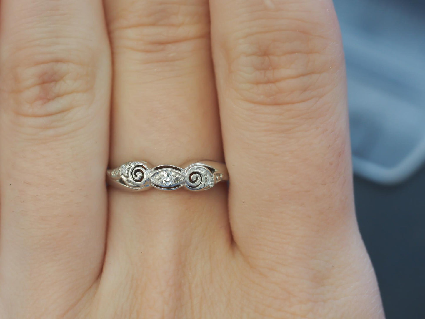 Estate Art Deco 18K White Gold Diamond Wedding Band - VHK#444