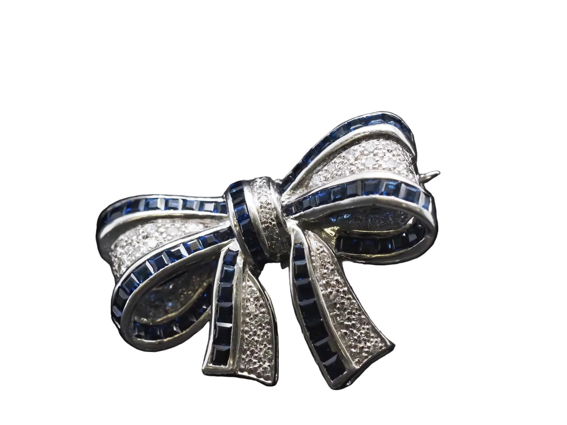Estate 18K White Gold Sapphire & Diamond Ribbon Brooch - VHK#219B