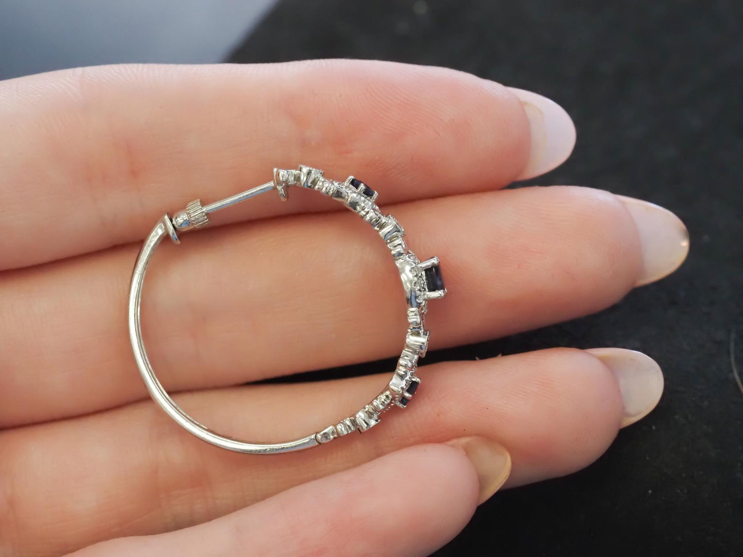 Estate 14K White Gold Sapphire and Diamond Hoop Earrings - VHK#308b