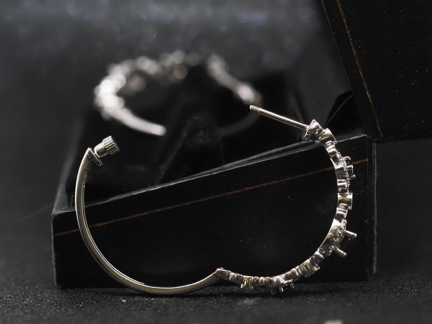 Estate 14K White Gold Sapphire and Diamond Hoop Earrings - VHK#308b