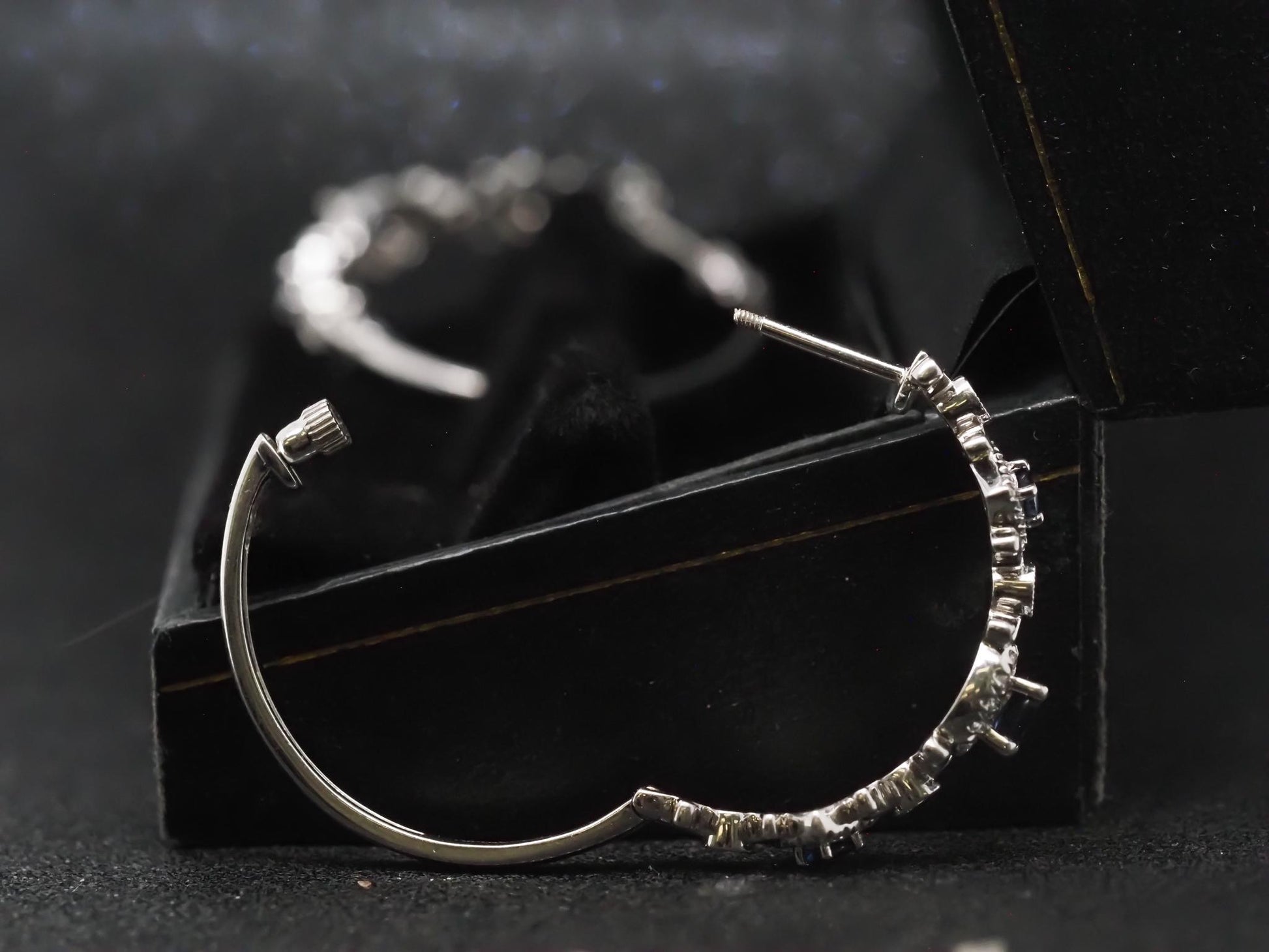 Estate 14K White Gold Sapphire and Diamond Hoop Earrings - VHK#308b