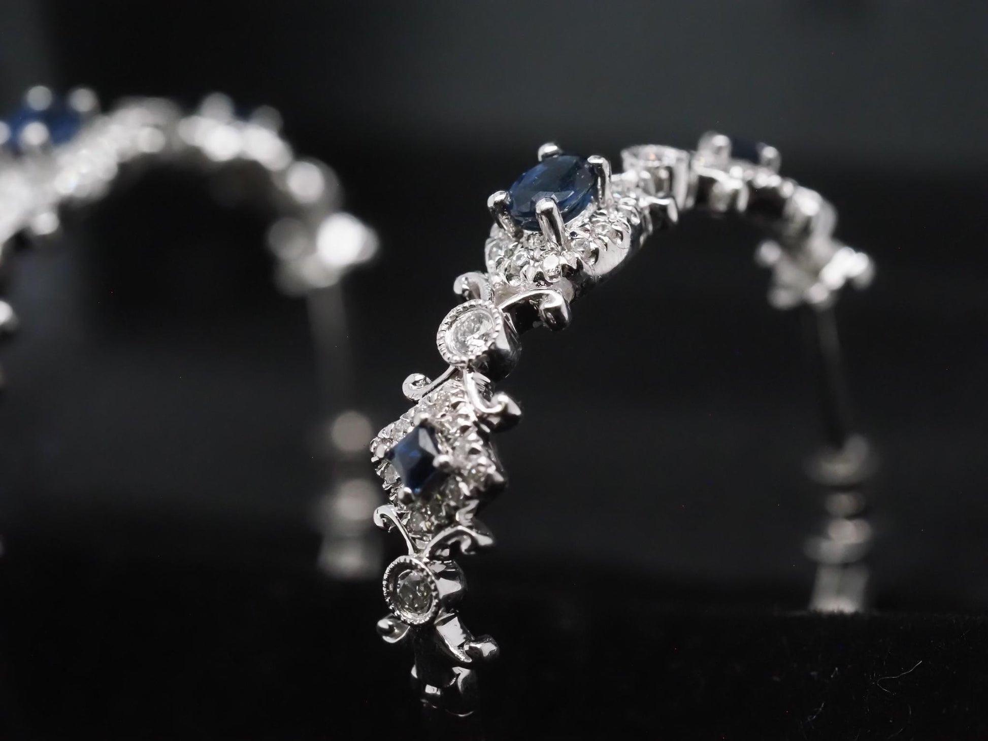 Estate 14K White Gold Sapphire and Diamond Hoop Earrings - VHK#308b