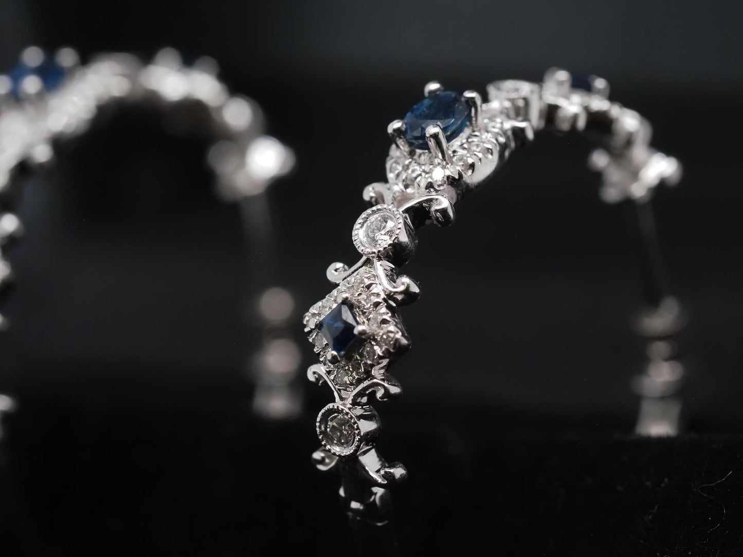 Estate 14K White Gold Sapphire and Diamond Hoop Earrings - VHK#308b