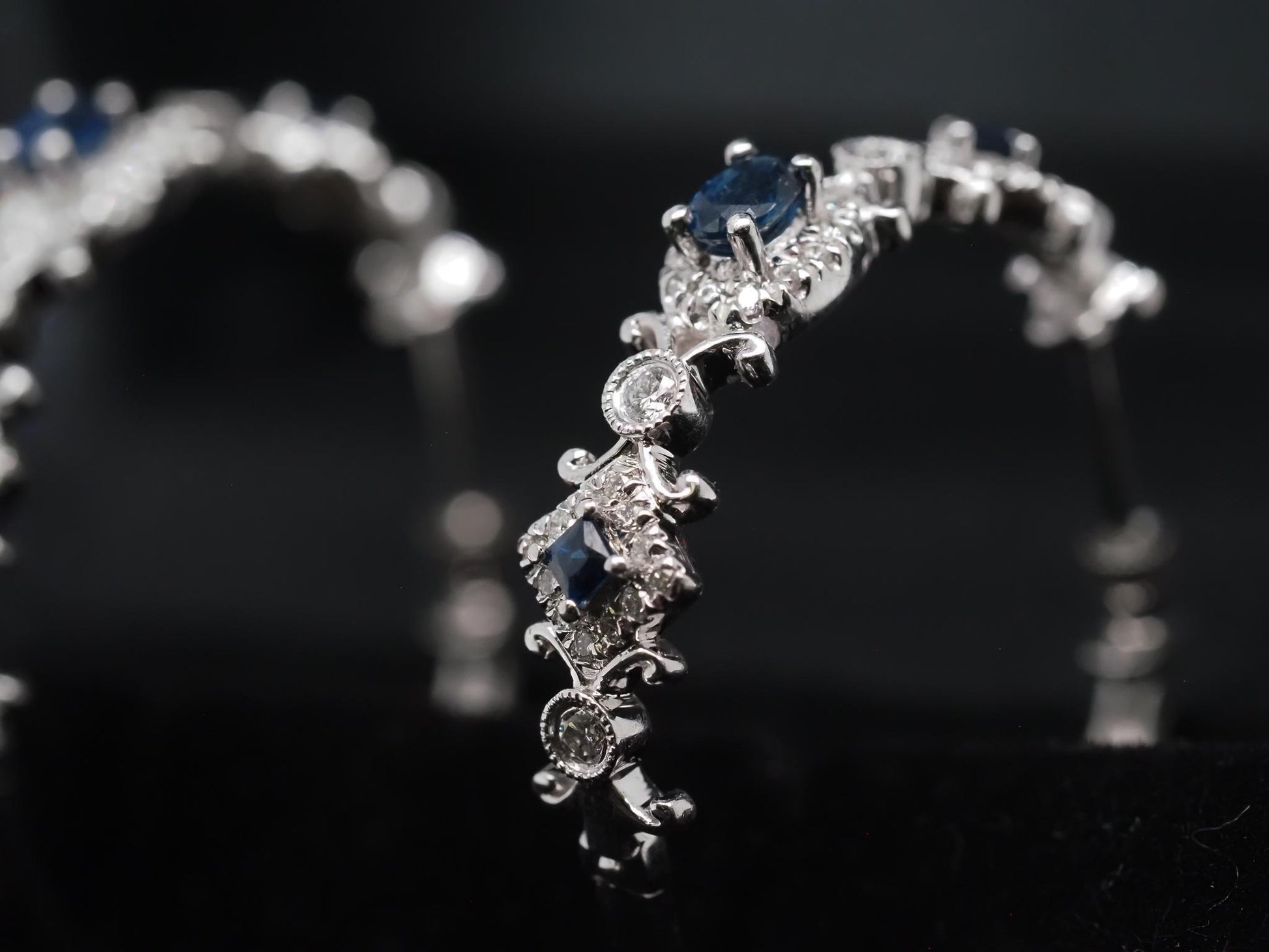 Estate 14K White Gold Sapphire and Diamond Hoop Earrings - VHK#308b