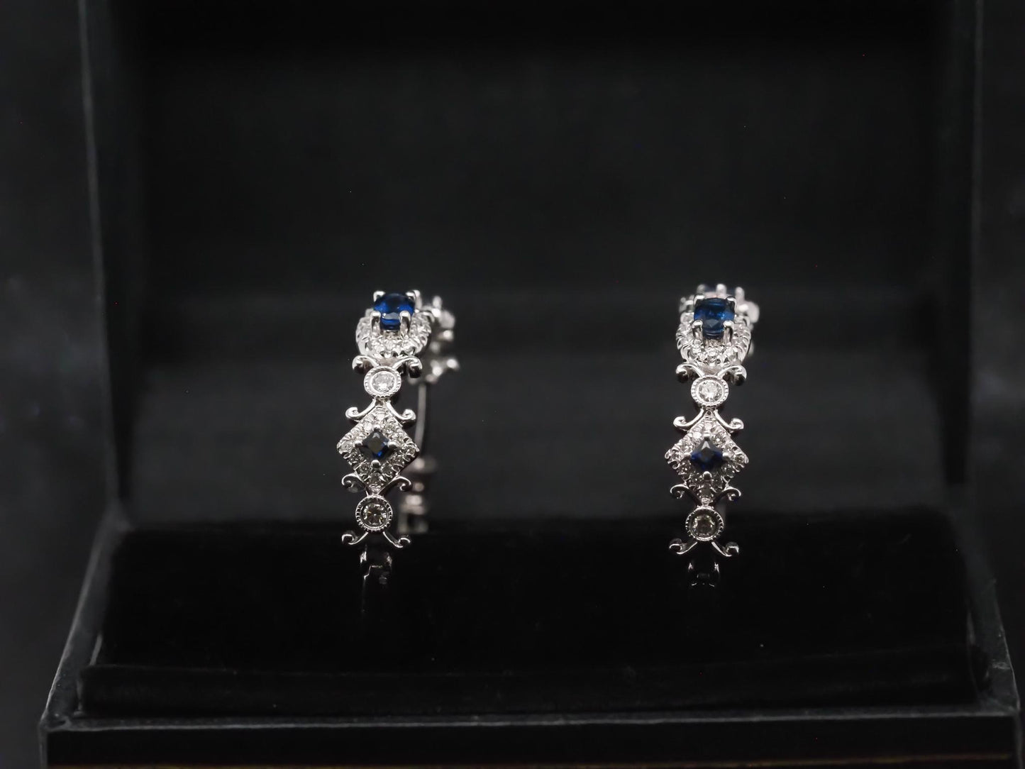 Estate 14K White Gold Sapphire and Diamond Hoop Earrings - VHK#308b