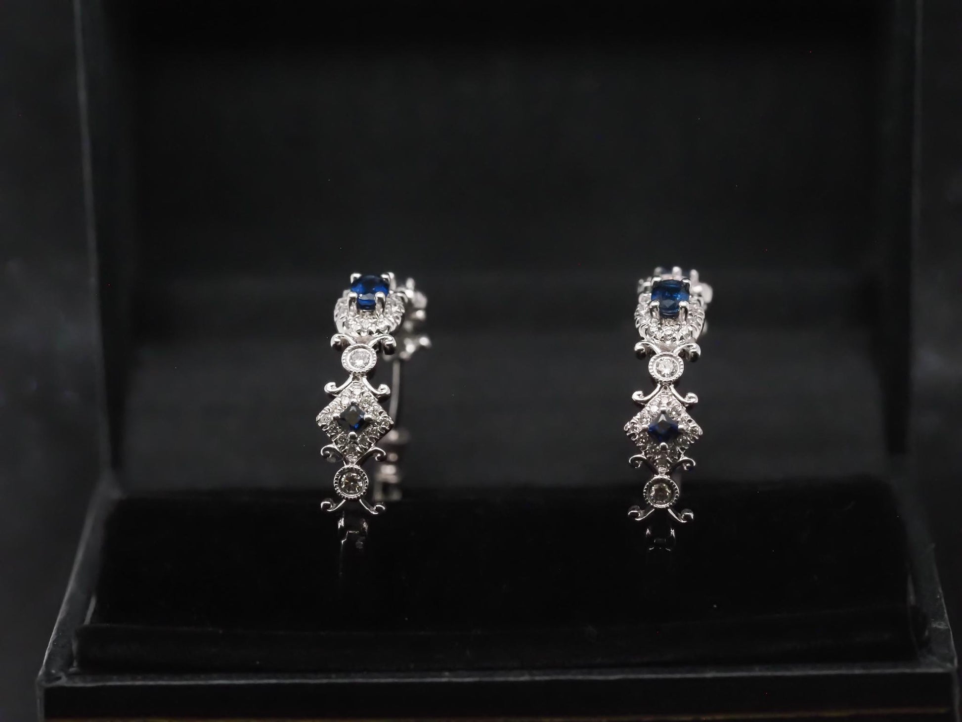 Estate 14K White Gold Sapphire and Diamond Hoop Earrings - VHK#308b