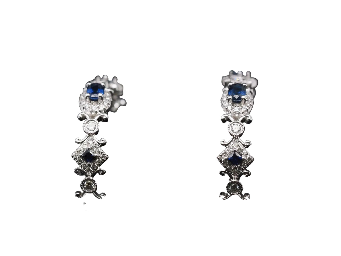 Estate 14K White Gold Sapphire and Diamond Hoop Earrings - VHK#308b