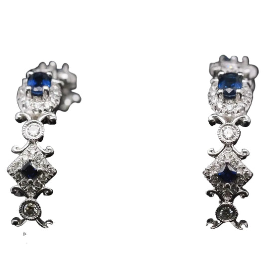 Estate 14K White Gold Sapphire and Diamond Hoop Earrings - VHK#308b