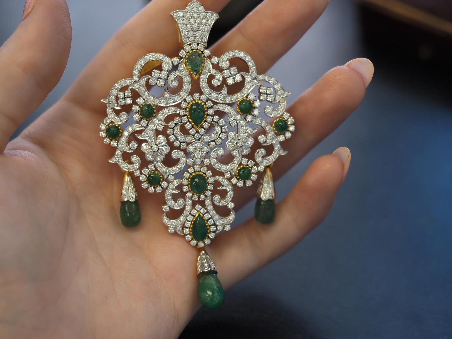 Estate 14K Yellow Gold Royal Large Emerald and Diamond Pendant - VHK#247B