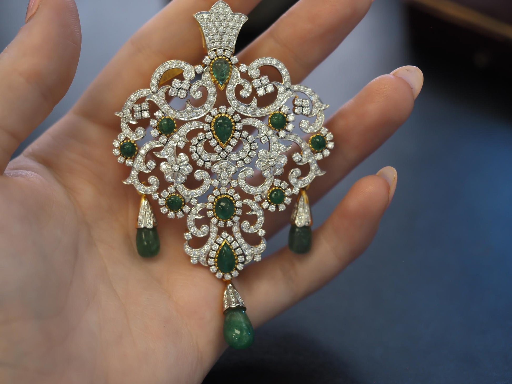 Estate 14K Yellow Gold Royal Large Emerald and Diamond Pendant - VHK#247B