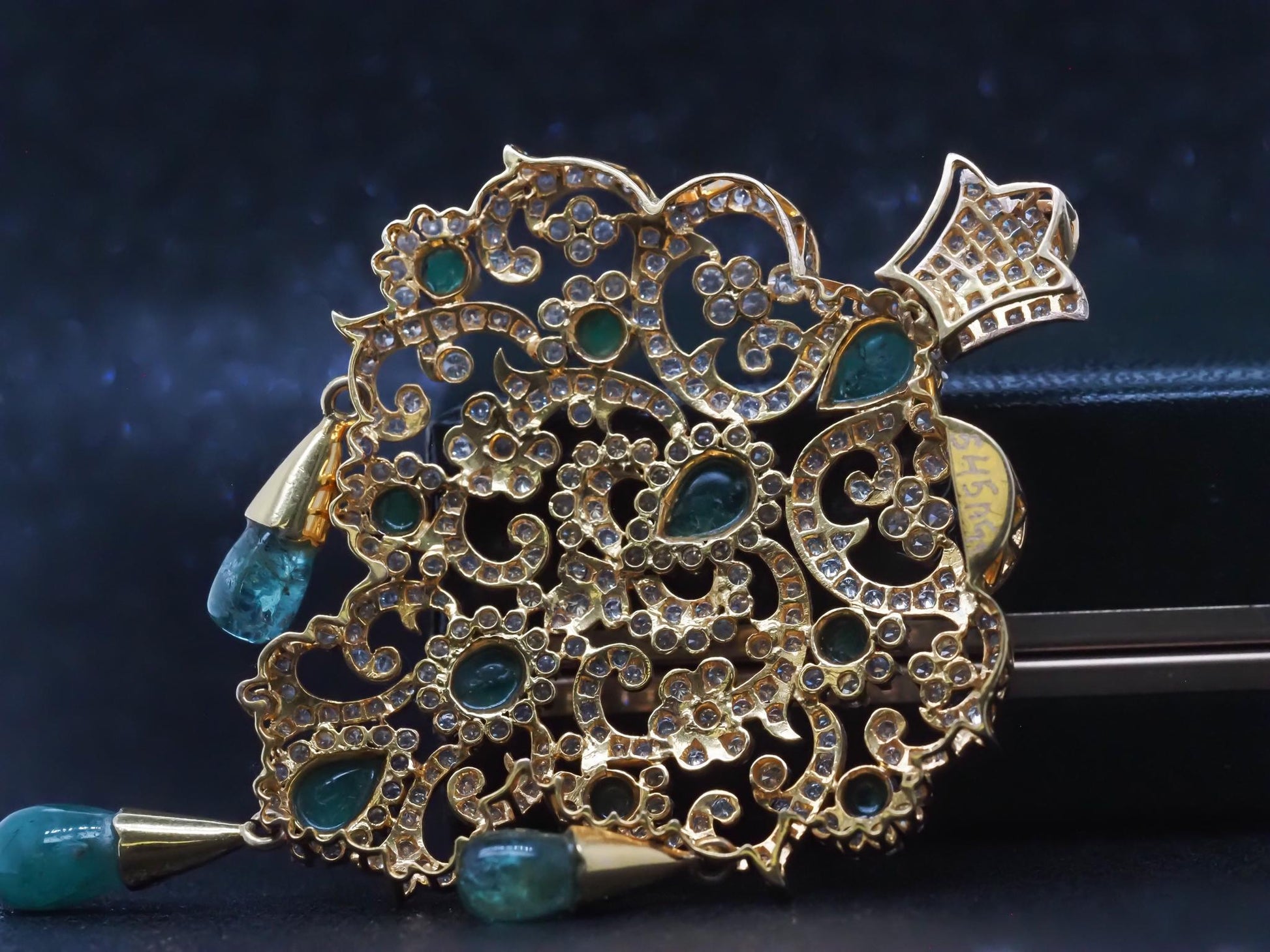 Estate 14K Yellow Gold Royal Large Emerald and Diamond Pendant - VHK#247B