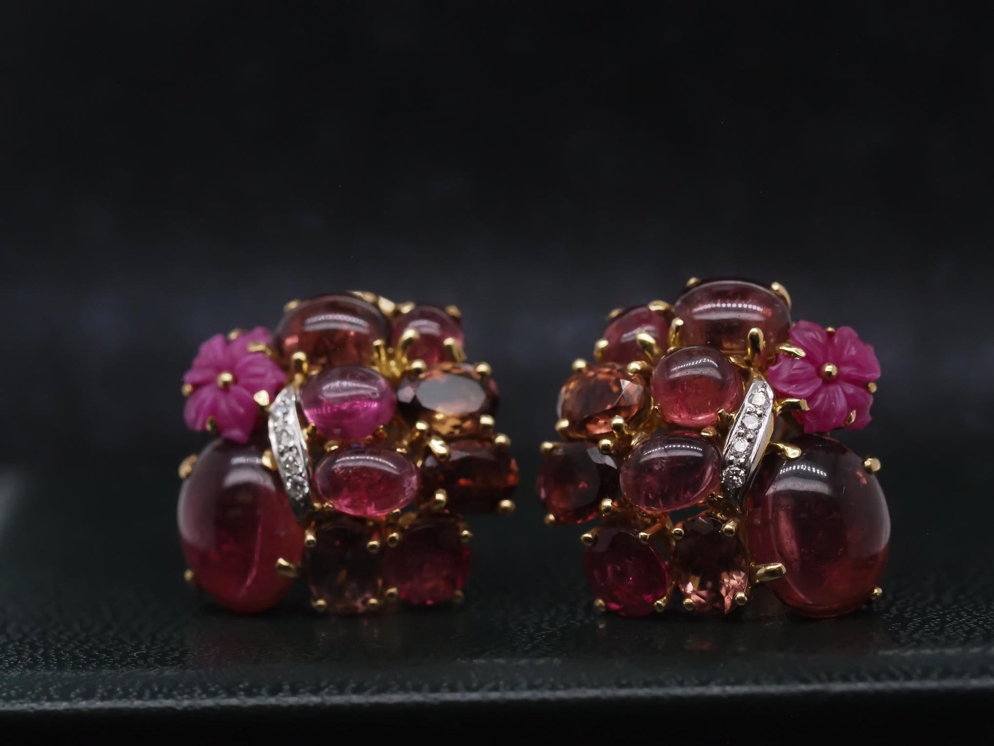 Estate 18K Yellow Gold Tourmaline Cabochon and Diamond Earrings - VHK#253