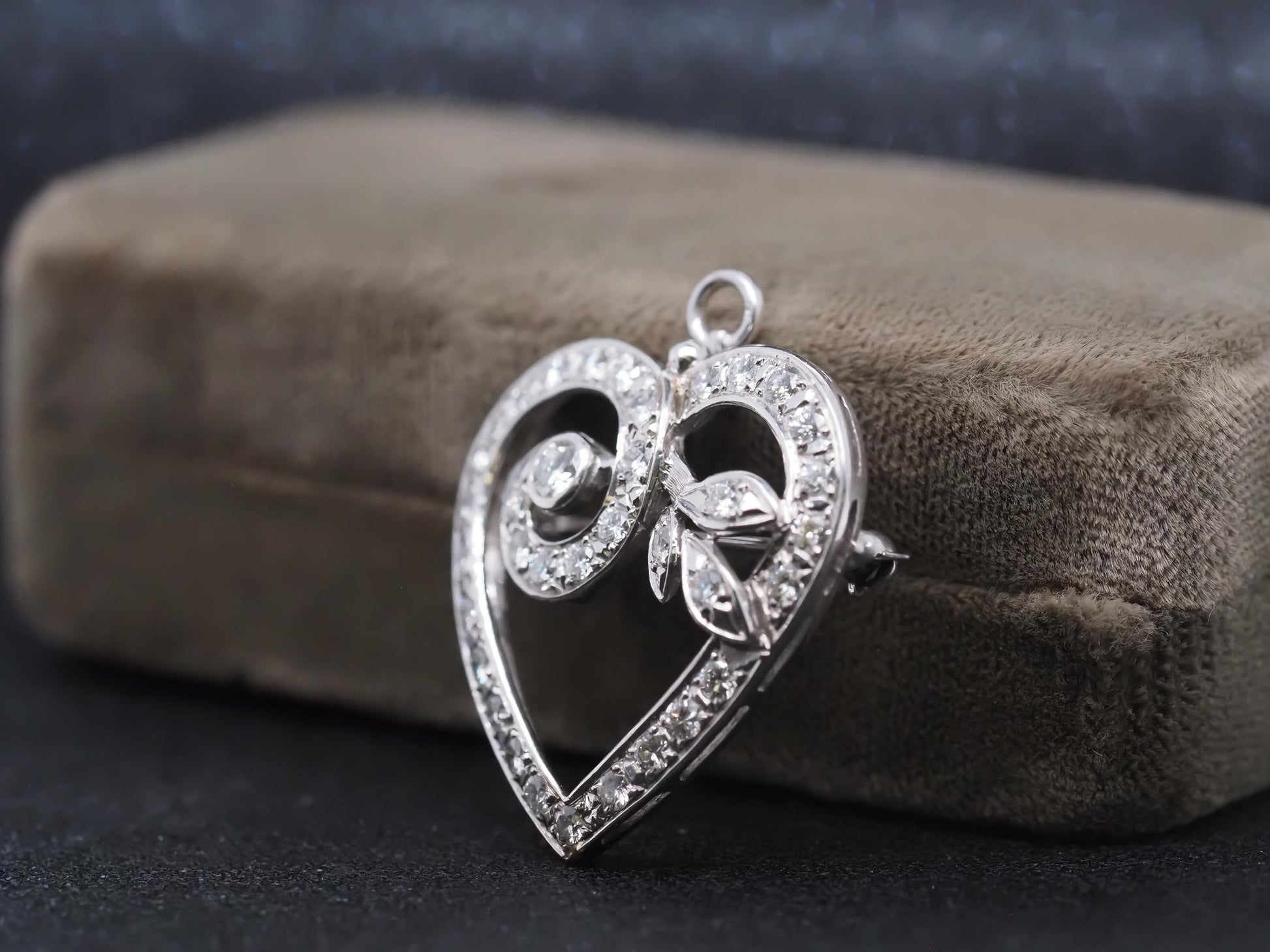Estate 14K White Gold Heart Diamond Pendant and Brooch - VHK#227A