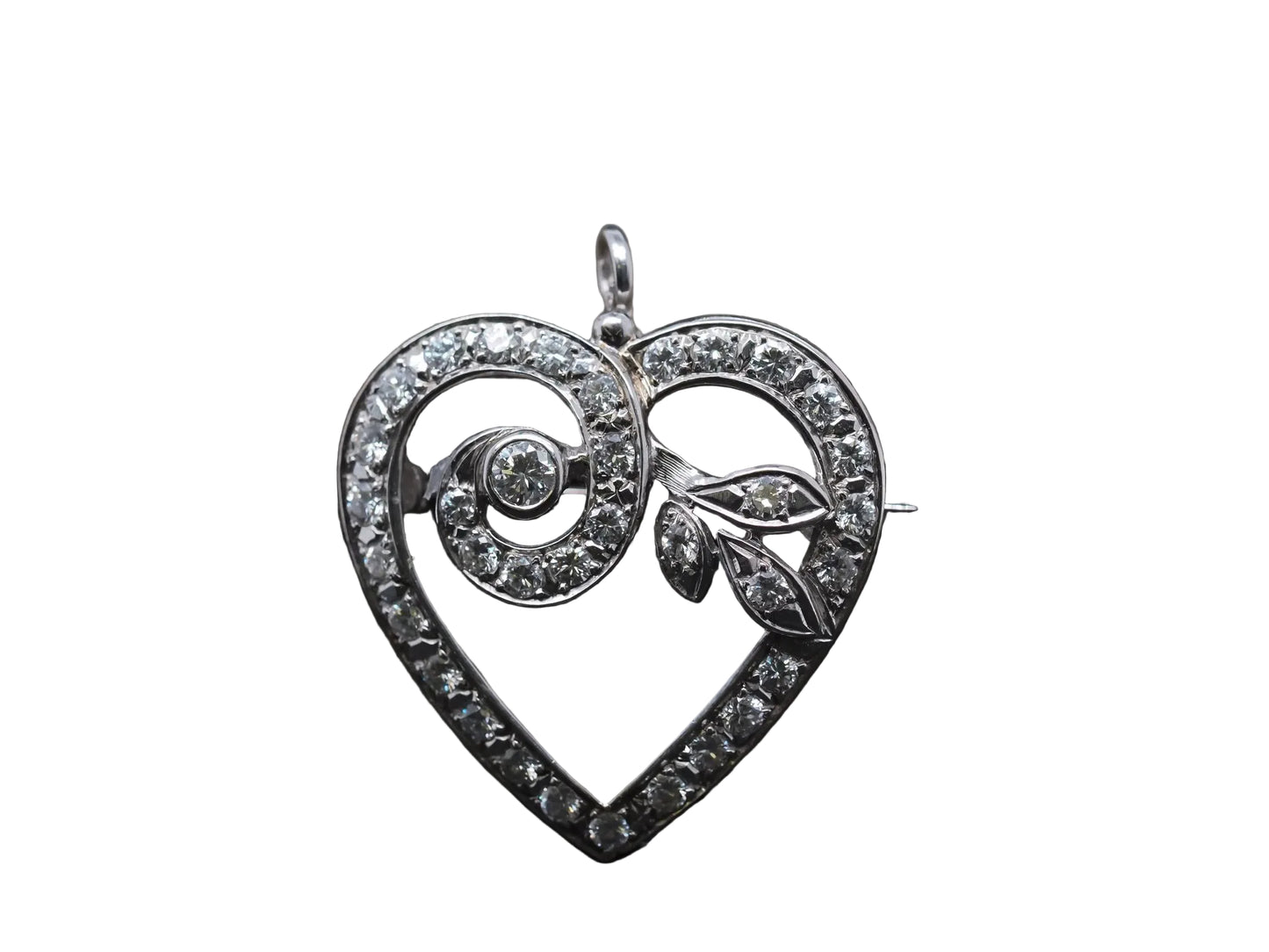 Estate 14K White Gold Heart Diamond Pendant and Brooch - VHK#227A