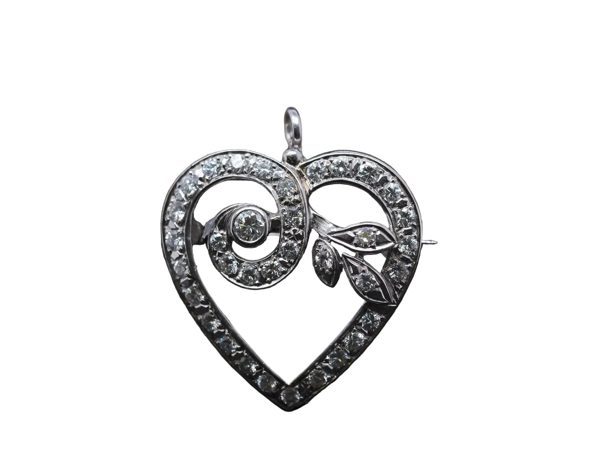 Estate 14K White Gold Heart Diamond Pendant and Brooch - VHK#227A