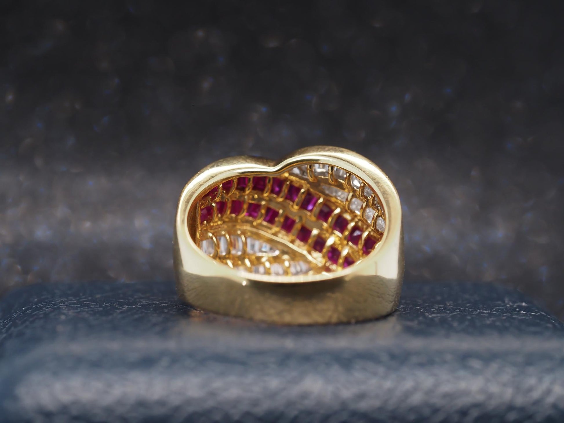 Estate 18K Yellow Gold Ruby and Diamond Crossover Band Ring - VHK#326A