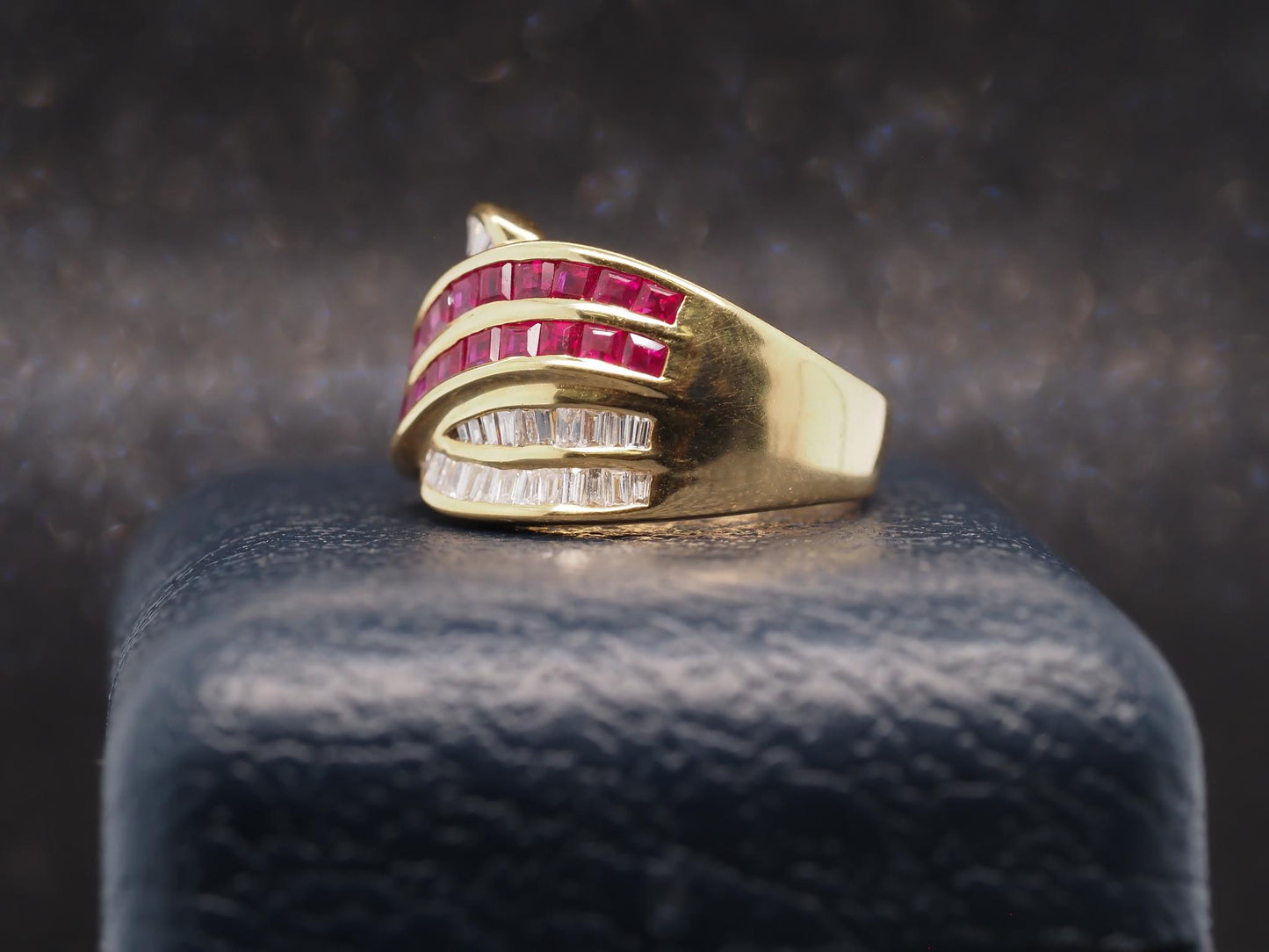 Estate 18K Yellow Gold Ruby and Diamond Crossover Band Ring - VHK#326A