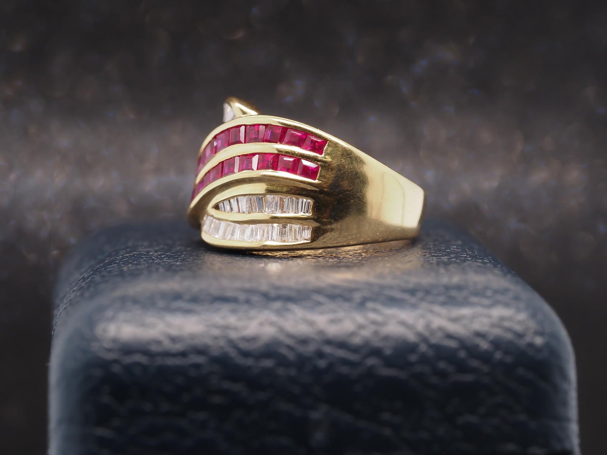 Estate 18K Yellow Gold Ruby and Diamond Crossover Band Ring - VHK#326A