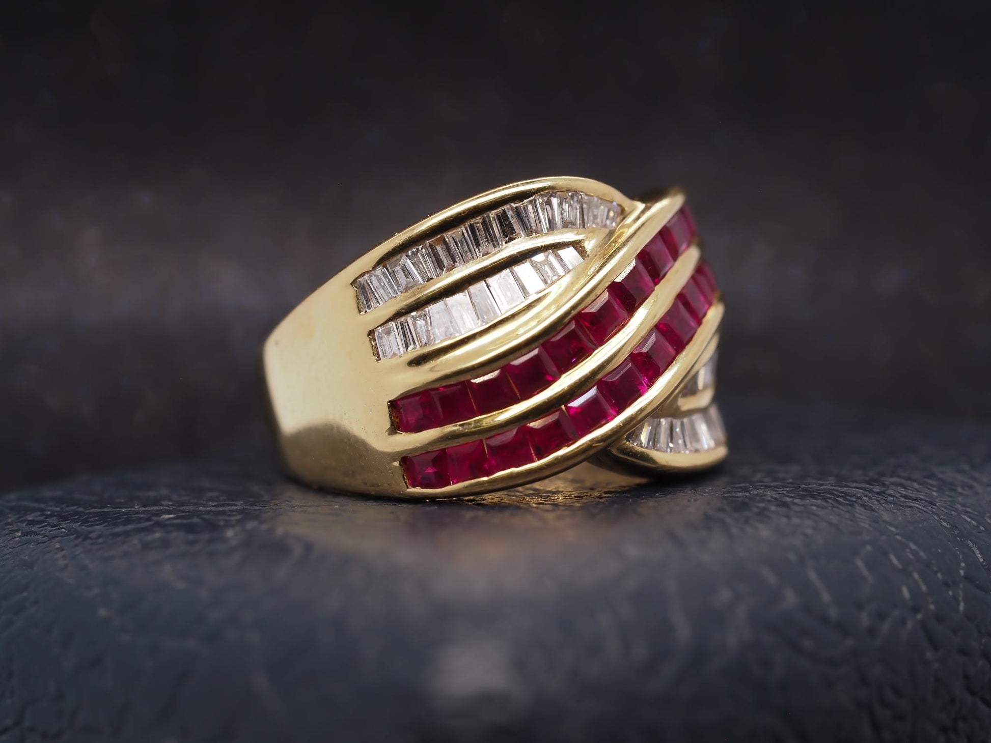 Estate 18K Yellow Gold Ruby and Diamond Crossover Band Ring - VHK#326A