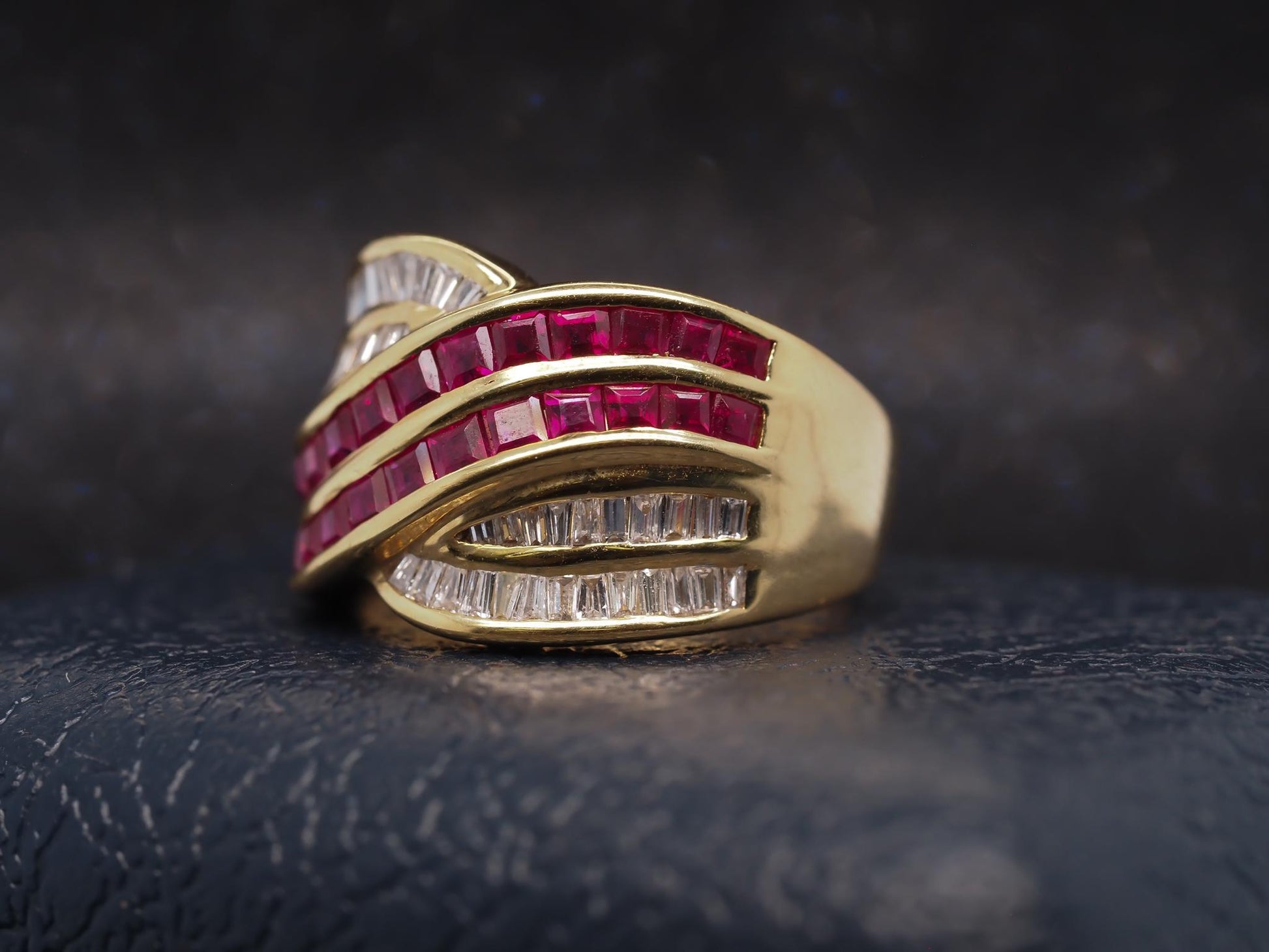 Estate 18K Yellow Gold Ruby and Diamond Crossover Band Ring - VHK#326A