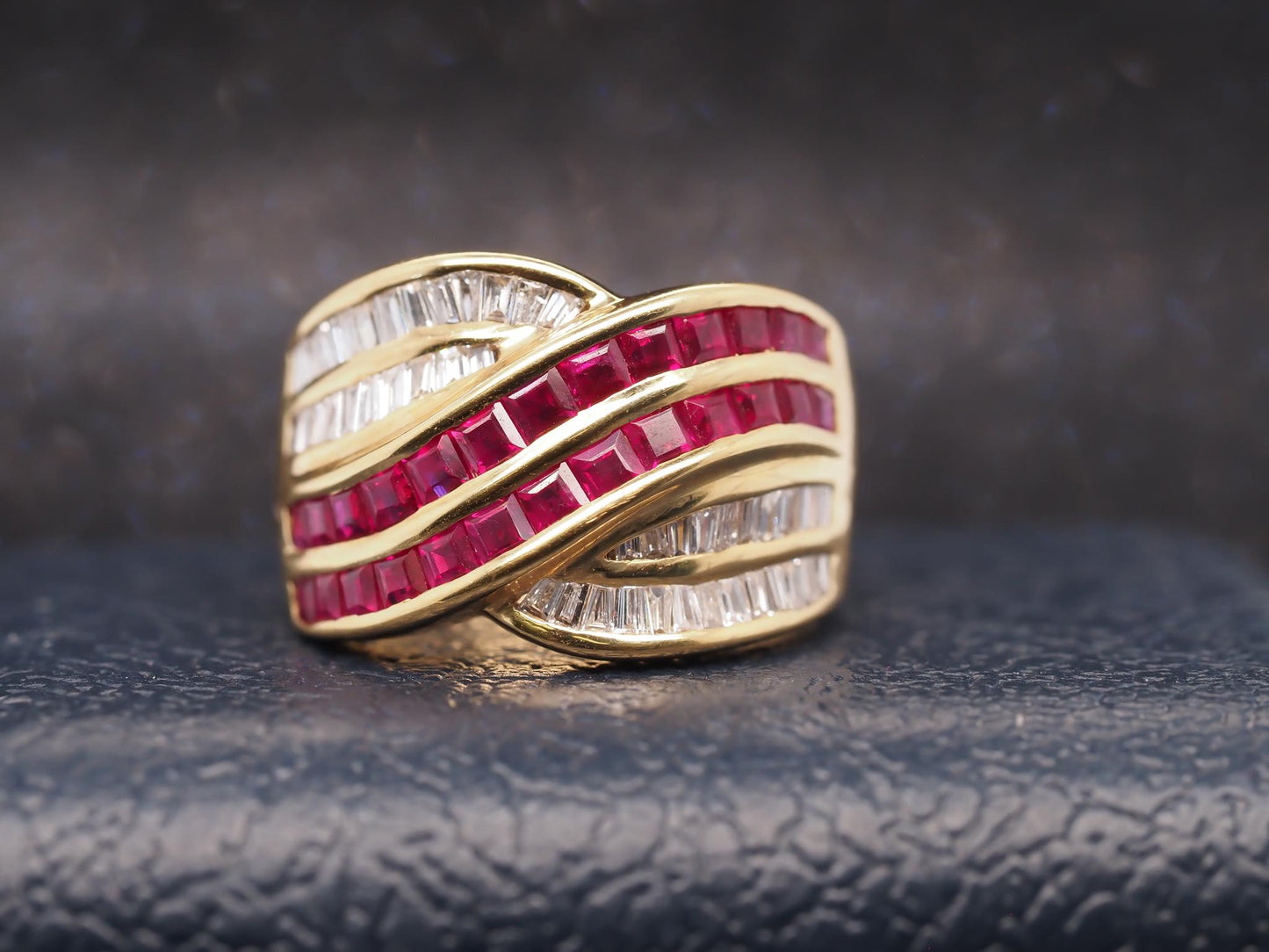 Estate 18K Yellow Gold Ruby and Diamond Crossover Band Ring - VHK#326A