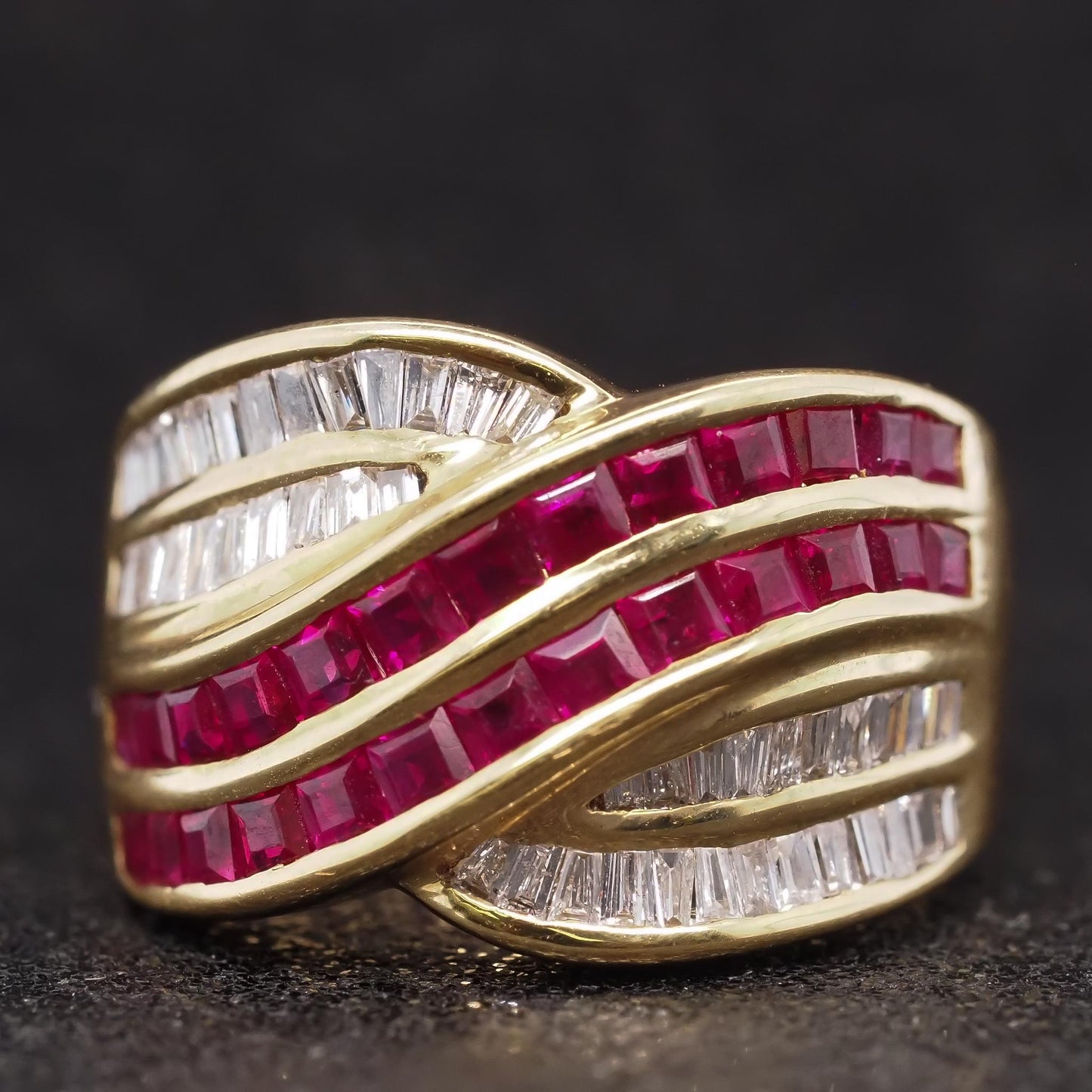 Estate 18K Yellow Gold Ruby and Diamond Crossover Band Ring - VHK#326A